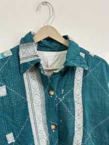 Blazer de algodón con estampado geométrico color verde azulado, cuello con botones, manga larga, chaqueta de primavera para mujer, diseño tejido y transpirable. - Product Image 4