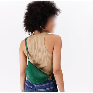 Sac bandoulière en cuir véritable vert avec sangle arquée détachable, design minimaliste, fermeture éclair unisexe - Product Image 6