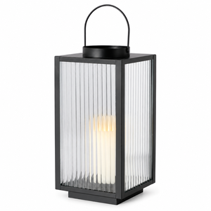 Unique Black Metal Glass <b>Lantern</b> for Home Decor Minimalist Ribbed Glass Candle Holder Indoor Outdoor Decorative <b>Lamp</b> - Product Image 1