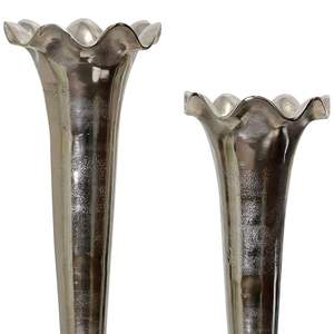 Elegant Scalloped Edge Silver <b>Vase</b> <b>Set</b> of 2 Slim Tapered Pedestal <b>Vases</b> Antique Champagne Silver Tall Flower Holder for Events - Product Image 2