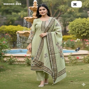 Conjunto de Kurti-Pantalón y Dupatta de Muselina y Seda Chanderi con Estampado, Calidad de Exportación India, Nueva Llegada, para Uso Ocasional, Proveedor Indio - Product Image 1