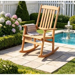 Sedia a dondolo da esterno in legno massello di acacia con capacità di carico elevata (400 libbre), schienale a doghe per portico, terrazza e giardino - Product Image 5