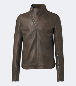 <b>Men's</b> Brown Leather Moto <b>Jacket</b> Stand Collar Zipper Closure Slim Fit Regular Length Solid Color Genuine Leather <b>Biker</b> Style - Product Image 1