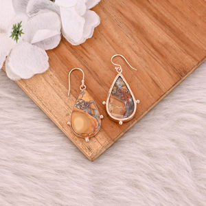 ต่างหูทองเหลืองชุบทองคำขาวสไตล์คลาสสิกทำมือประดับพลอยแจสเปอร์รูปหยดน้ำ ขายส่งจากผู้ผลิต - Product Image 4