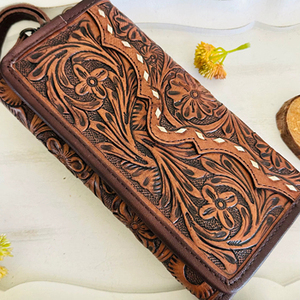 Cartera de Mano con Cremallera, 100% Cuero Genuino, Diseño Floral Tallado a Mano, Elegante y Única para Mujer - Product Image 4