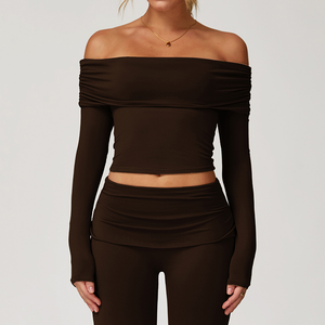 Wholesale Off Shoulder Women Yoga Set Plaid Pattern Shorts <b>Bra</b> Set Breathable Fitness Comfortable Long Sleeve Gym Outfit <b>Low</b> MOQ - Product Image 3