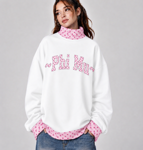 Custom Logo Sorority Apparel Polka Dot <b>Mock</b> <b>Neck</b> Sweatshirt Heavyweight Fleece Greek Letter Embroidery Patchwork Pullover <b>Tops</b> - Product Image 5