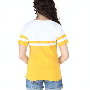 Camiseta de Algodón para Mujer, Cuello Redondo, Manga Corta, Bloques de Color Amarillo y Blanco, Estilo Casual de Verano, Corte Regular, Transpirable, Tejido de Punto - Product Image 2