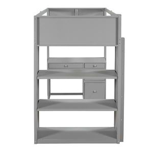 Letto a soppalco moderno per bambini, con scaletta, mensole e scrivania, in legno massello grigio, stile semplice, con funzioni di archiviazione, per camerette dei più piccoli - Product Image 6