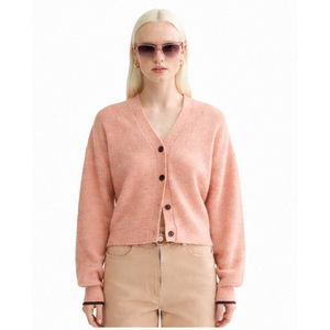 Women's Pink V-Neck <b>Cardigan</b> Full Sleeve Crop Length Solid Color Button Closure Minimalist Style Autumn Wear <b>Cardigans</b> <b>Sweaters</b> - Product Image 1
