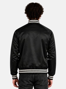 Men's Black Canvas Satin Varsity <b>Jacket</b> with <b>White</b> Trim and Button Closure Regular Fit Casual Streetwear Winter - Product Image 2