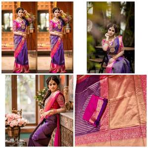 DESIGNER BANARASI SILK ZARI WEAVING WORK <b>SAREE</b> WITH UNSTITCHED BLOUSE <b>PURPLE</b> - Product Image 1