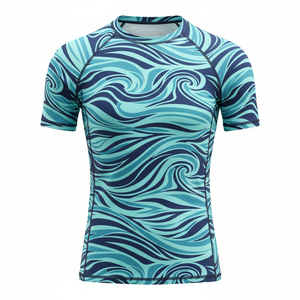 Men's Full Sleeve Rash Guard Sublimation Print Quick Dry <b>Coral</b> Swim <b>Top</b> Wave Pattern Adult Sport Shirt UPF50+ - Product Image 1