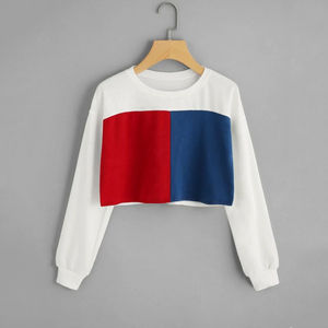 Womens Color Block Crop Sweatshirt <b>Red</b> Blue White Long Sleeve Casual Pullover <b>Top</b> Custom Logo OEM ODM Wholesale Apparel - Product Image 3