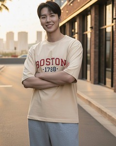 เสื้อยืดปักลายหน้าอกผู้ชาย ทรงโอเวอร์ไซส์ บ็อกซี่ ไหล่ตก แขนสั้น ผ้าฝ้ายลำลอง ทรงหลวม สตรีทแวร์ เสื้อผู้ชายทรงโอเวอร์ไซส์ บ็อกซี่ - Product Image 3