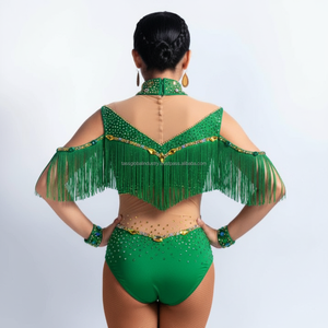 Traje de Majorette Personalizado para Mujer, Verde, con Pedrería, Flecos y Lentejuelas, Malla, para Actuaciones de Baile, OEM - Product Image 3