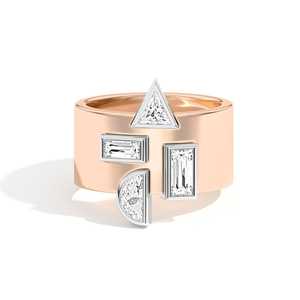 Anillos llamativos de oro macizo de 14K y 18K con diamantes cultivados en laboratorio de corte baguette trillón de media luna, engastados en bisel, de 10 mm de ancho, tipo banda de cigarro, al por mayor - Product Image 4