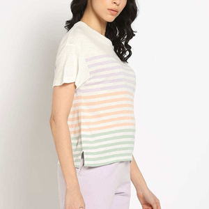 เสื้อยืดแขนสั้นคอกลมลายทางสำหรับผู้หญิง ทรงหลวม สวมใส่สบาย ผ้าถัก 100% คอตตอน ระบายอากาศได้ดี เหมาะสำหรับฤดูใบไม้ผลิและฤดูร้อน - Product Image 4