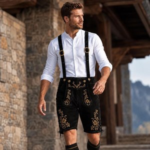 Shorts Bermuda en Lederhosen Noir pour Homme avec Broderie Dorée, Taille Haute, Fermeture Boutonnée, Style Décontracté, Tissu en Laine - Product Image 1