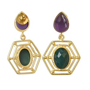 Pendientes hexagonales chapados en oro vintage con amatista y piedra verde para mujer, joyería de fiesta - Product Image 2