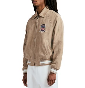 Men's <b>Suede</b> Bomber <b>Jacket</b> With Embroidered Patch Design Turn-down Collar Zipper Closure Casual Autumn Wear - Product Image 2