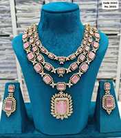 Ensemble collier et boucles d'oreilles de mariée superposés élégants rose pastel et ornés de zircons, style ethnique, pour mariage et fiançailles