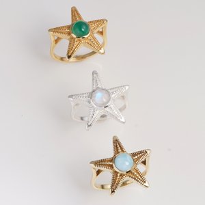 Anillo de Estrella de Mar de Latón con Cabujón de Larimar, Ajustable, Inspirado en el Océano, Anillos Modernos de Piedras Preciosas Naturales Hechos a Mano, Joyería para Mujer - Product Image 2