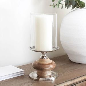 Porte-bougie hurricane blanc rustique moderne avec base en bois et abat-jour en verre transparent, accent décoratif pour la maison - Product Image 2