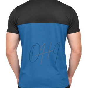 T-shirt à manches courtes pour homme, bleu et noir, à blocs de couleur, col rond, avec motif, séchage rapide, coupe décontractée, longueur normale, tricoté en polyester - Product Image 2