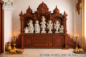 Traditional Hand-Carved Wooden Pooja <b>Mandir</b> for Home Ethnic Temple Style Dark Walnut Finish Jali Work Pooja Cabinet with Dome UK - Product Image 3