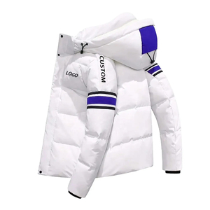Blouson long matelassé blanc pour homme avec empiècements bleus, coupe-vent, décontracté, fermeture éclair frontale, coupe ajustée, rembourrage épais en polyester - Product Image 2