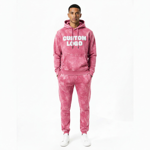 Custom Logo <b>Pink</b> Acid Wash Winter Tracksuit Men Heavyweight Fleece Breathable Windproof <b>Hoodie</b> Jogger Set OEM Service - Product Image 1