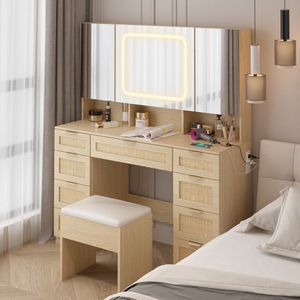 Large LED-Lit Vanity Table Set with 3 Opening <b>Mirrors</b> Full Storage <b>Mirror</b> Dressing <b>Makeup</b> Table 3 Opening <b>Mirrors</b> LED Lights - Product Image 2