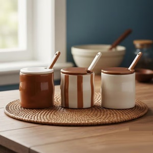 Pot de rangement de cuisine élégant à rayures avec couvercle et support pour cuillère, finition lisse et brillante, organisateur décoratif pour comptoir et garde-manger - Product Image 5