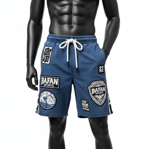 Shorts de baño de lujo para hombre, 150 GSM, microfibra de poliéster, azul denim oscuro, logotipo bordado en chenilla, diseño personalizado. - Product Image 2