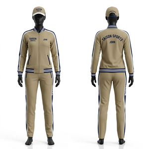 Ensemble de survêtement de tennis en polyester et élasthanne premium 280 GSM, beige et bleu marine avec bande latérale, logo brodé personnalisé - Product Image 1