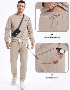 Ensemble sweat-shirt à capuche et pantalon à cordon de serrage pour homme, couleur beige unie, coupe classique, vêtements d'hiver - Product Image 5