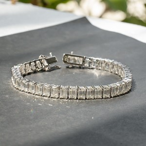 Luxurious Platinum Emerald Cut Diamond Tennis <b>Bracelet</b> Womens Classic GIA Certified Wedding Jewelry Elegant Gift Set - Product Image 1