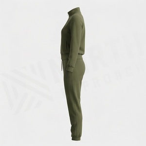 Women's Olive Green 2 Piece Knitted Tracksuit Full Sleeve Zipper <b>Top</b> Jogger Pants Casual Sportswear Set All Seasons - Product Image 3