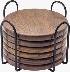 Sous-verres en bois d'acacia pour boissons, protection de table avec support, lot de 6 avec base antidérapante, sous-verres pour la maison et le bureau - Product Image 3