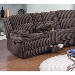 Divano Sezionale a U in Velluto a Coste Color Cioccolato, 3 Posti Reclinabili con Console, Portabicchieri e Cassetto Contenitore per Soggiorno - Product Image 2