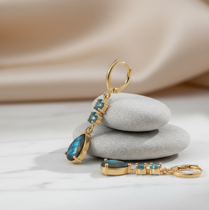 ต่างหูลาบราโดไรต์ดีไซน์เนอร์ประดับบลูโทแพซทรงกลมเงินแท้สำหรับงานปาร์ตี้ ขายส่งเครื่องประดับแฟชั่น - Product Image 4