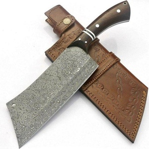 Couteau à viande artisanal en acier Damas, lame pleine longueur, hachoir de boucher avec manche en bois et étui en cuir OEM ODM - Product Image 1