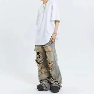 กางเกงยีนส์ทรงตรงสไตล์เรโทรแบบขาดๆ สำหรับผู้ชาย คุณภาพสูง ผลิตตามสั่ง ขายส่ง OEM MOQ ต่ำ ล้างสีแบบแอซิดวอช - Product Image 5