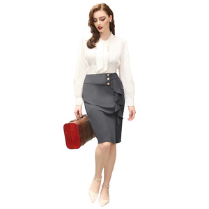 Faldas midi de oficina ajustadas con volantes y abertura frontal de cintura alta estilo vintage para mujer al por mayor - Product Image 1