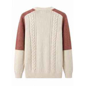 Suéter de Punto para Hombre, Manga Larga, Color Terracota, Diseño de Dos Tonos con Trenzas, Cuello en V, Mezcla de Algodón de Alta Calidad - Product Image 2