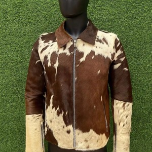 Premium Men Professional Cow Hair Leather Jacket Brown White Cowhide Fur <b>Zip</b> <b>Up</b> Coat Genuine Animal Skin Western - Product Image 3