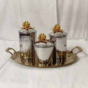 Bocaux de rangement cylindriques empilables en acier inoxydable, finition PVD or effet martelé, fait main, avec plateau pour table à manger - Product Image 5