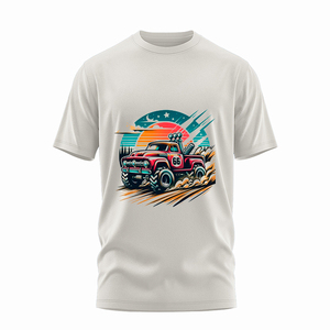 T-shirt bleu à manches courtes pour homme, col rond, coupe classique, imprimé rétro camion, décontracté, en jersey de coton - Product Image 1