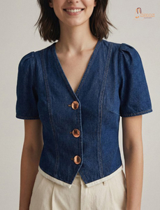 Blusa de Mezclilla para Mujer, Cuello en V, Manga Corta, Botones al Frente, Color Sólido, Estilo Casual, Corte Regular, Tela Twill - Product Image 3
